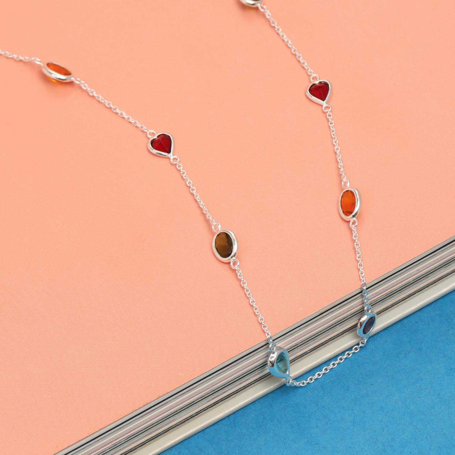 925 Sterling Silver Created Multi-Gem Station Necklace for Women
