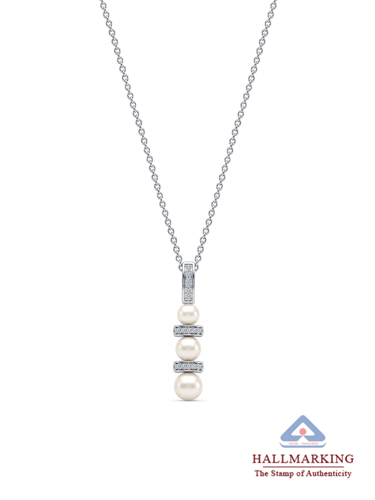 Triple Pearl & CZ Bar Pendant Necklace