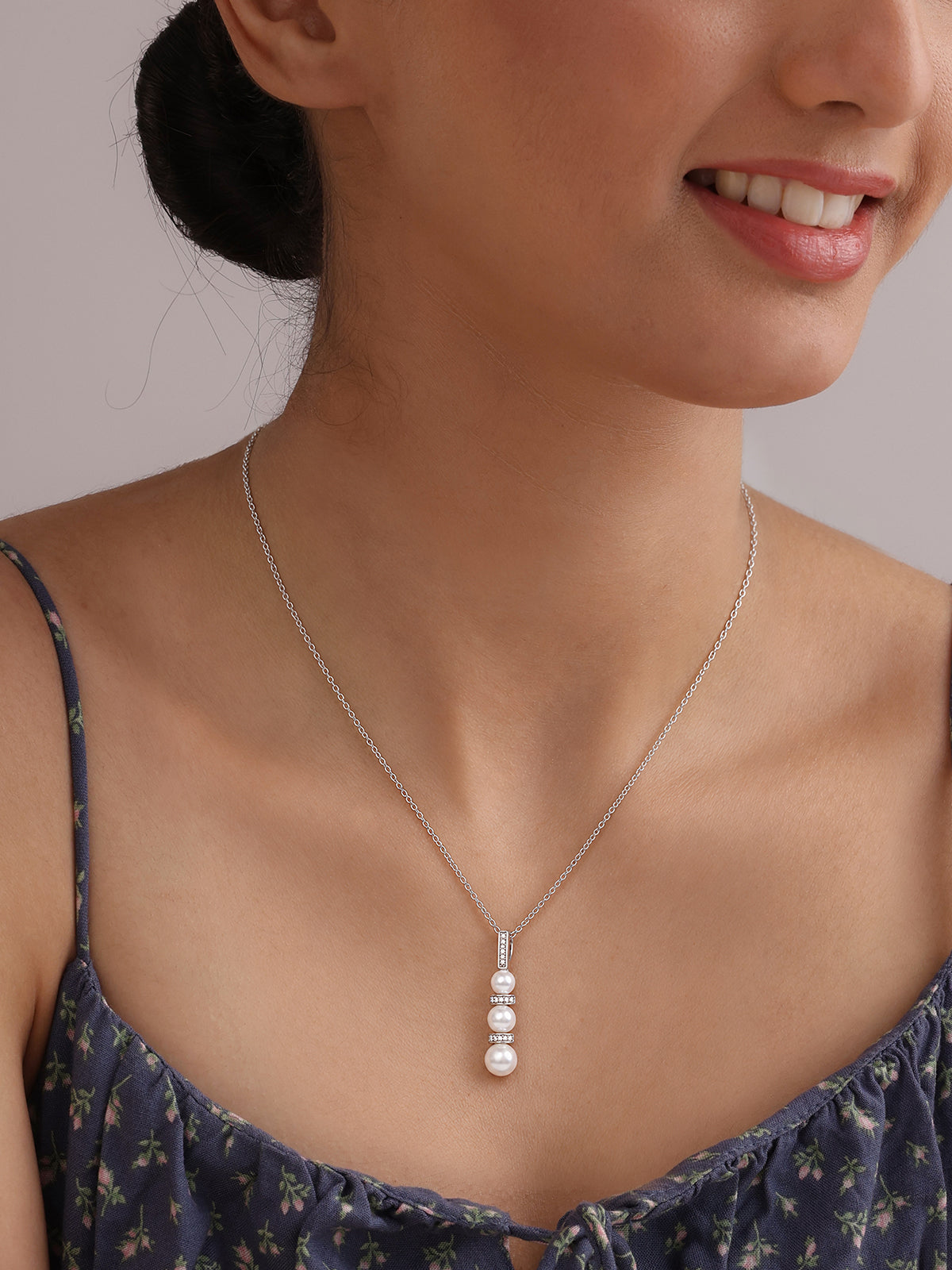 Triple Pearl & CZ Bar Pendant Necklace