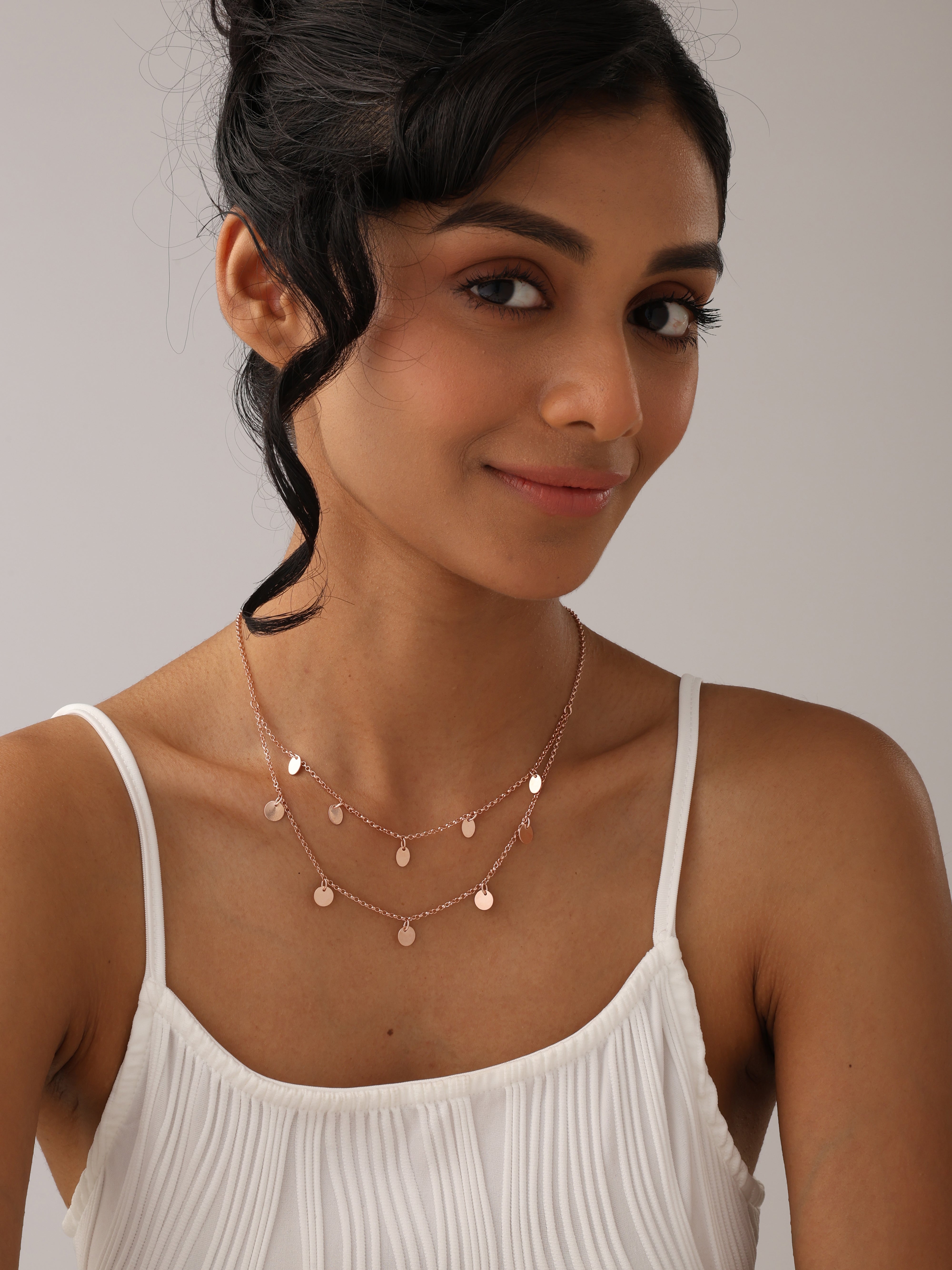 14K Rose Gold Multi-Row Disc Charm Necklace