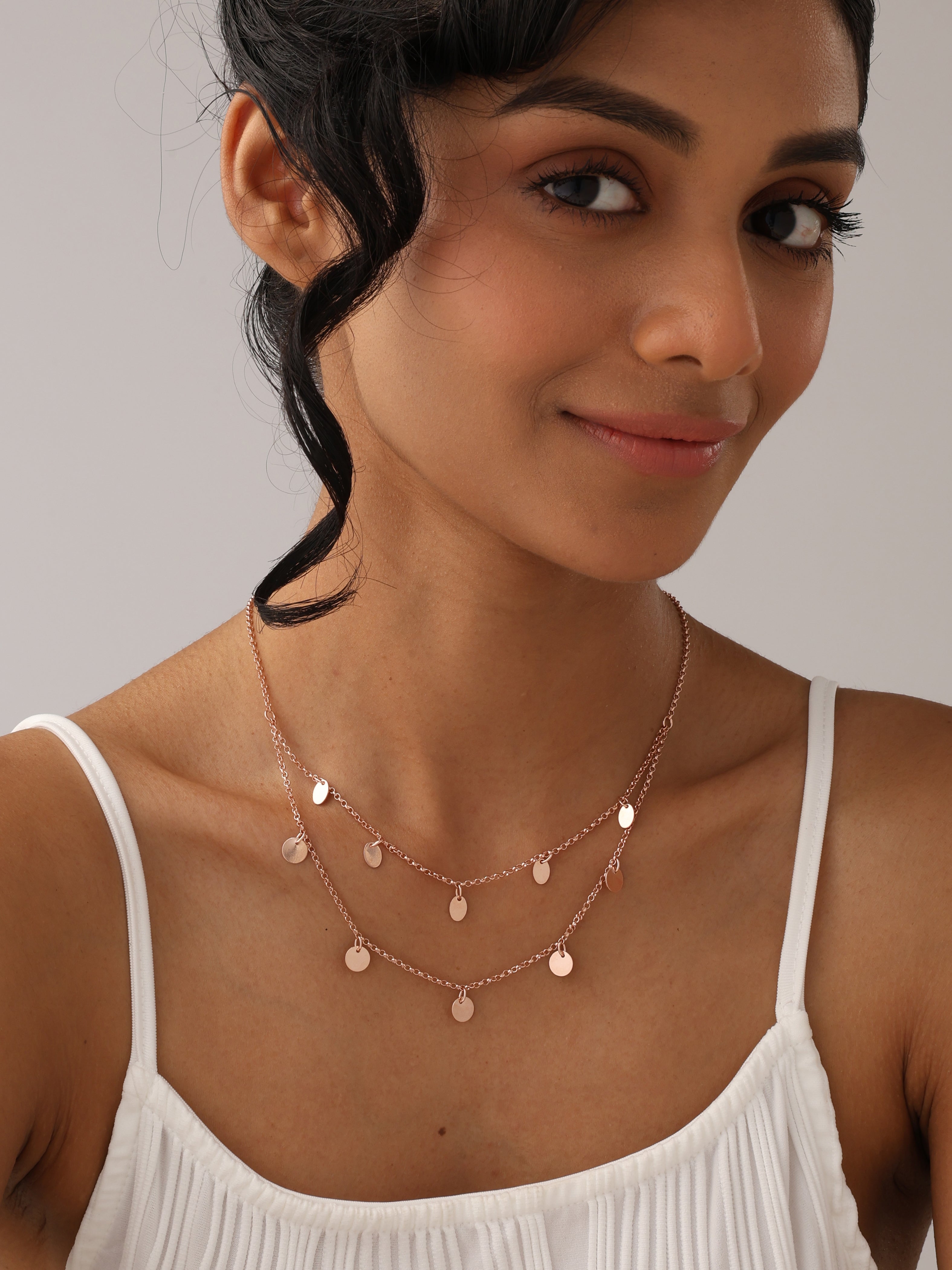 14K Rose Gold Multi-Row Disc Charm Necklace
