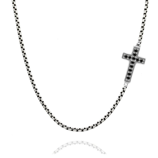 925 Sterling Silver CZ Antique Sideways Cross Pave Religious Venetian Pendant Necklace for Men and Women