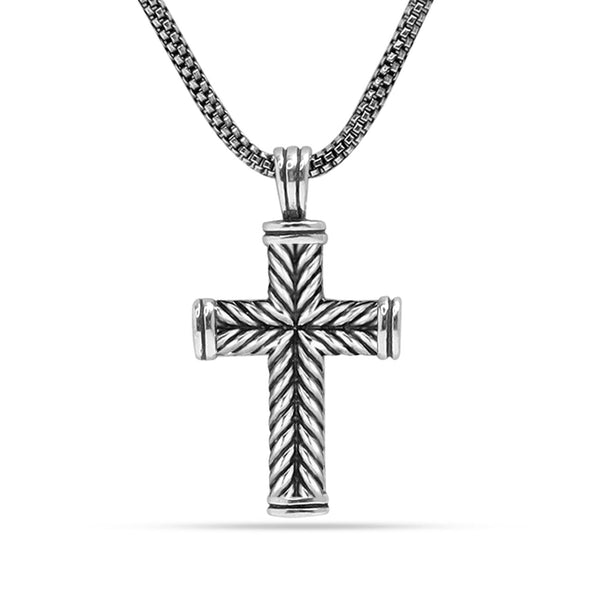 925 Sterling Silver Antique  Chevron Cross Pendant Popcorn Chain Necklace for Men Boys