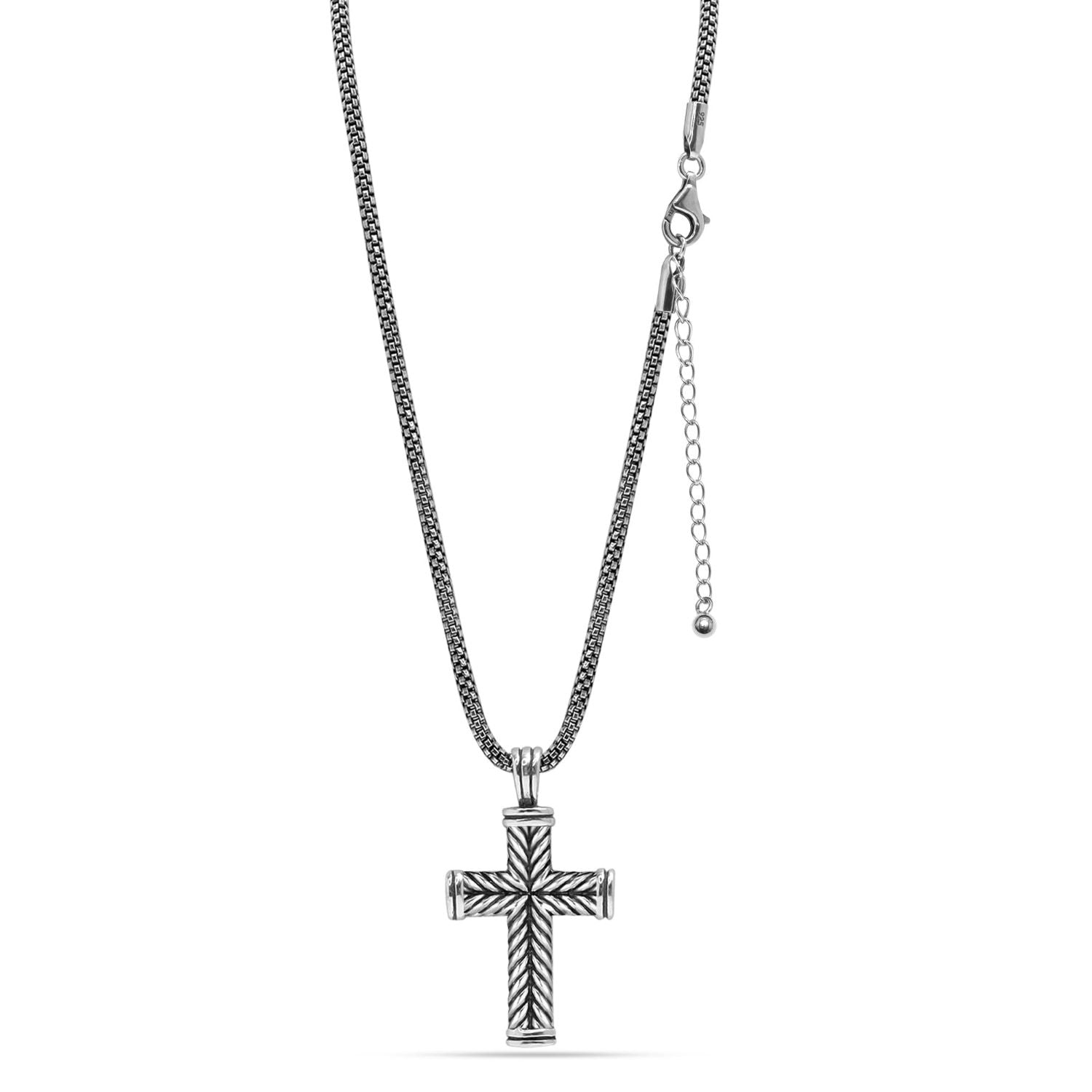 925 Sterling Silver Antique  Chevron Cross Pendant Popcorn Chain Necklace for Men Boys