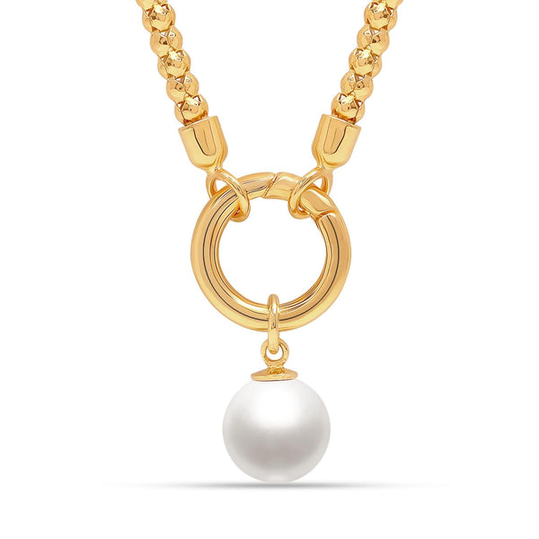 925 Sterling Silver 14K Gold Plated Simulated Pearl Ball Chain Pendant Necklace for Women