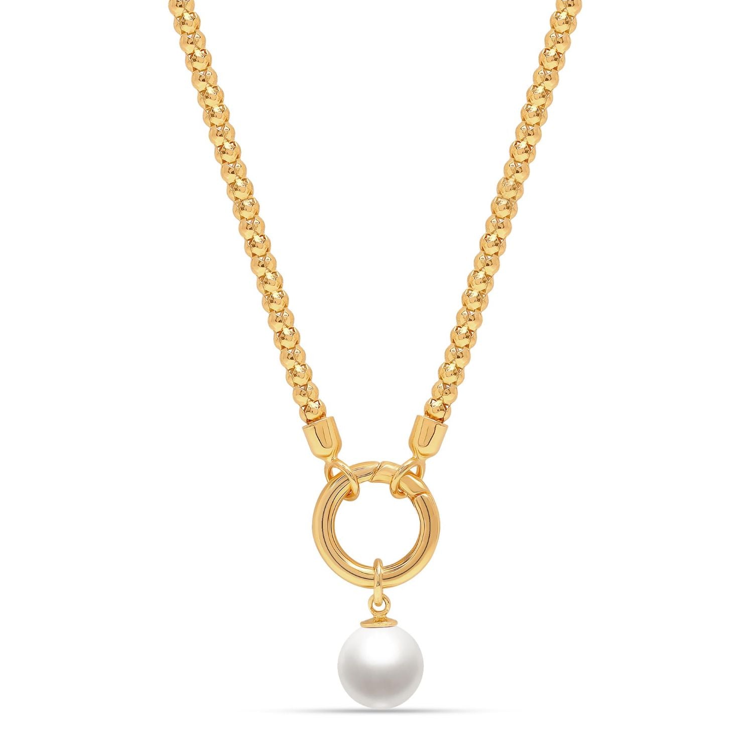 925 Sterling Silver 14K Gold Plated Simulated Pearl Ball Chain Pendant Necklace for Women