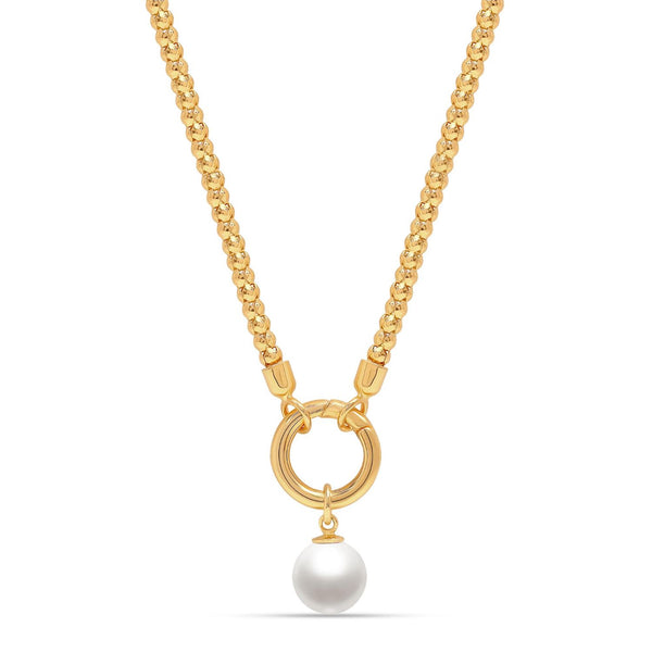 925 Sterling Silver 14K Gold Plated Simulated Pearl Ball Chain Pendant Necklace for Women
