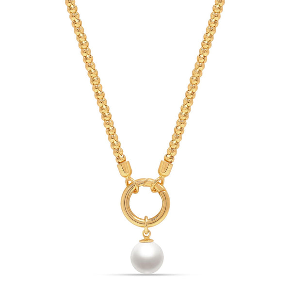 925 Sterling Silver 14K Gold Plated Simulated Pearl Ball Chain Pendant Necklace for Women