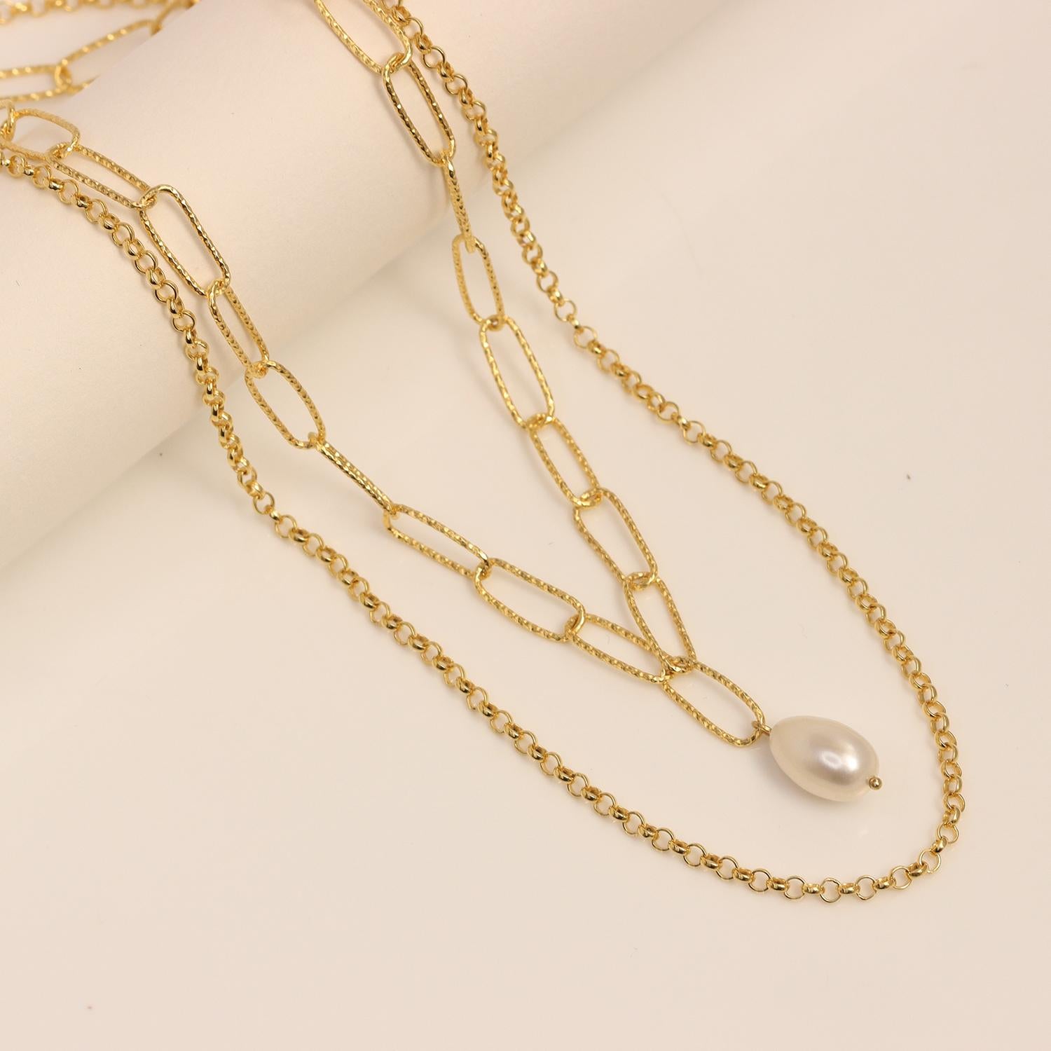 925 Sterling Silver 14K Gold Plated Freshwater Pearl Multi Row Handmade PaperClip Rolo Chain Pendant Necklace for Women
