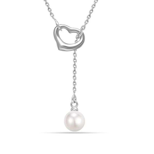 925 Sterling Silver Lariat Pearl Open Heart Shape Pendant Necklace for Women Teen and Girls