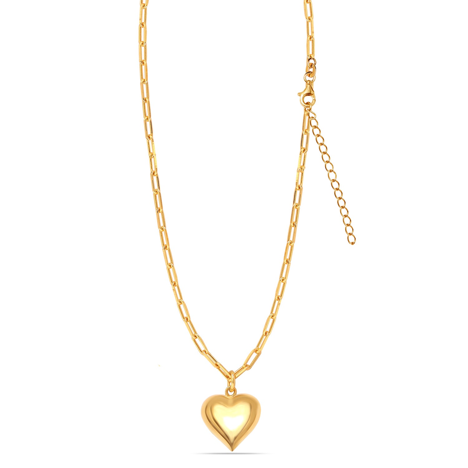 925 Sterling Silver 14K Gold Plated Love Puffed Heart Adjustable PaperClip Link Chain Necklace for Women