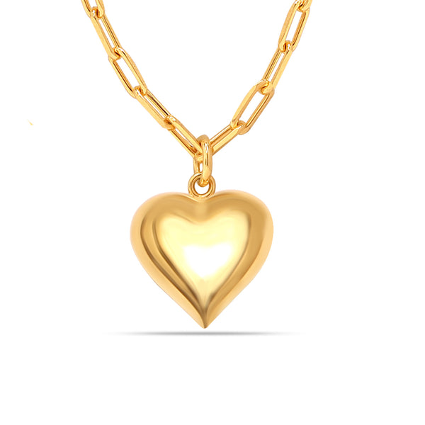925 Sterling Silver 14K Gold Plated Love Puffed Heart Adjustable PaperClip Link Chain Necklace for Women