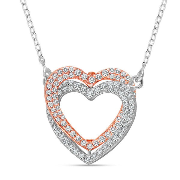 925 Sterling Silver 14K Rose Gold Plated Dual Tone Valentine Interlinked Hearts CZ Adjustable Pendant Necklace for Women
