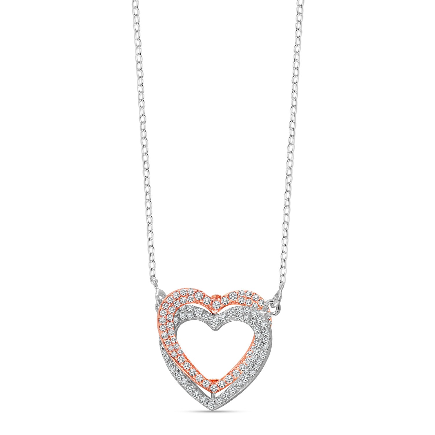 925 Sterling Silver 14K Rose Gold Plated Dual Tone Valentine Interlinked Hearts CZ Adjustable Pendant Necklace for Women
