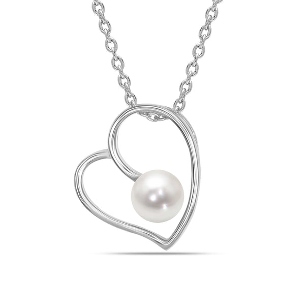 925 Sterling Silver Open Love Simulated Pearl Heart Pendant Necklace for Women and Girls