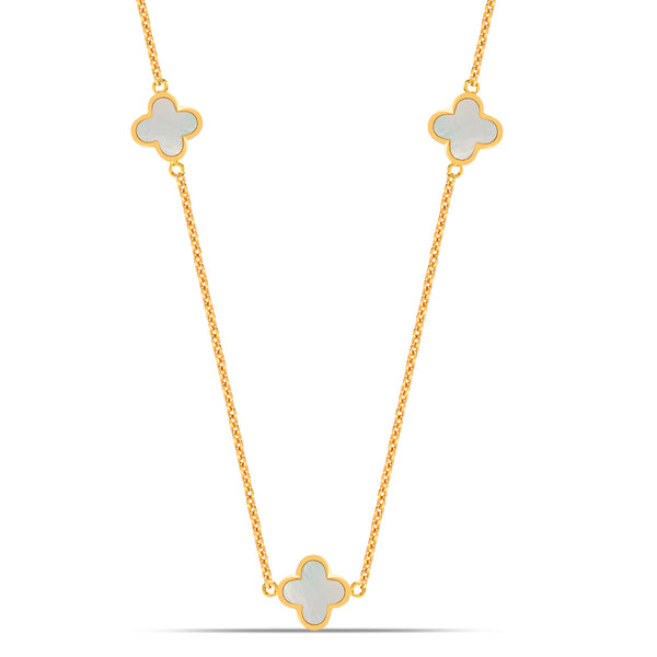 925 Sterling Silver 14K Gold Plated Mother of Pearl Clover Flower Station Long Chain Necklace for Women