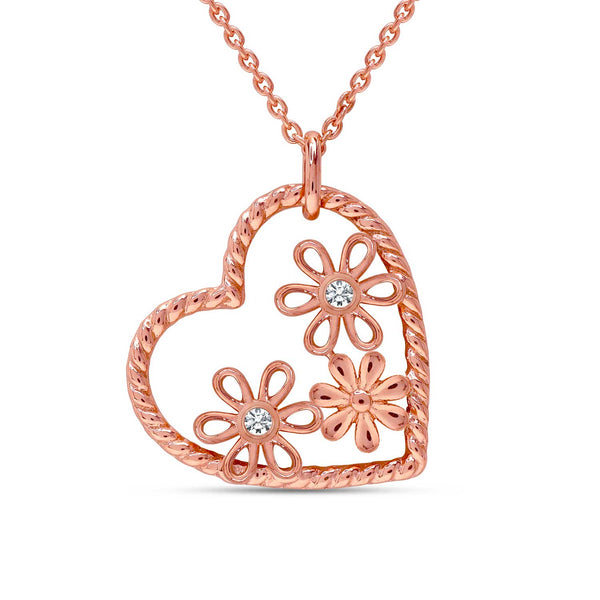 925 Sterling Silver 14K Rose-Gold Plated Zirconia Flower Love Heart Shape Pendant Necklace for Women