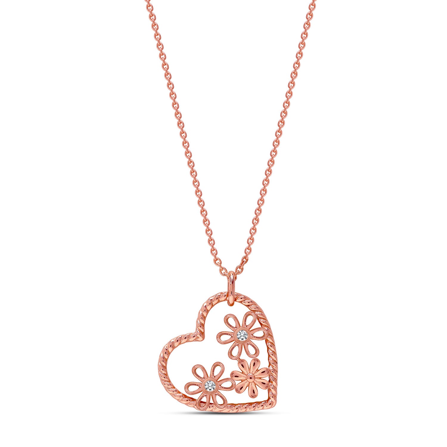 925 Sterling Silver 14K Rose-Gold Plated Zirconia Flower Love Heart Shape Pendant Necklace for Women