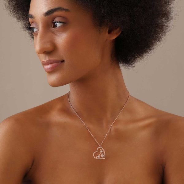 925 Sterling Silver 14K Rose-Gold Plated Zirconia Flower Love Heart Shape Pendant Necklace for Women