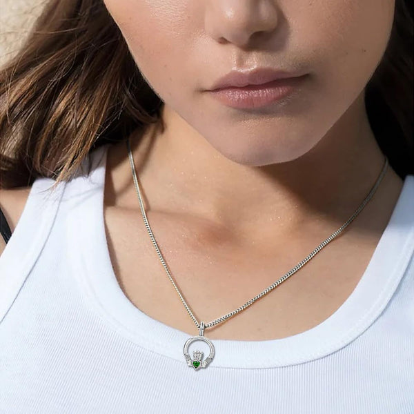 925 Sterling Silver Cubic Zirconia Round Open Circle Green Heart Shaped Claddagh Adjustable Curb Link Chain Pendant Necklace for Women