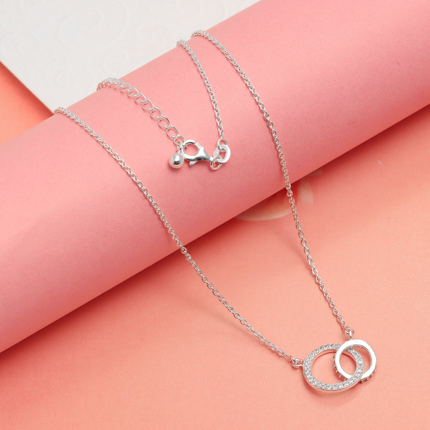 925 Sterling Silver Cubic Zirconia Interlocking Double Circles Pendant Necklace With Gift Card for Women