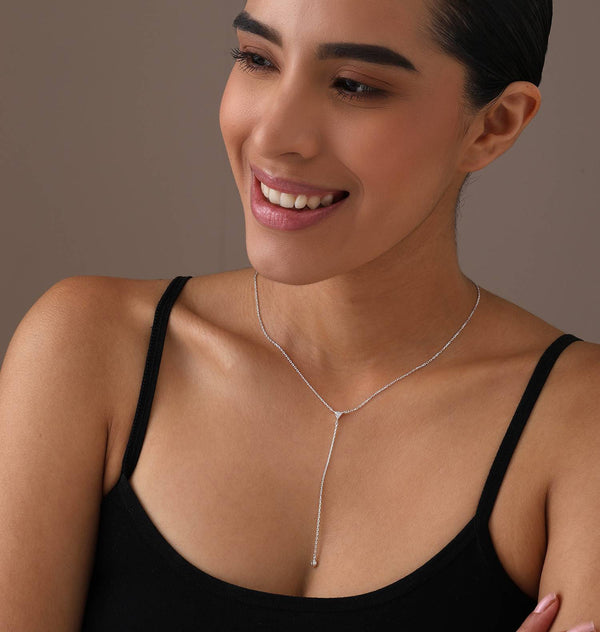 925 Sterling Silver Handmade Cubic Zirconia Lariat Adjustable Dainty Drop Y Pendant Necklace for Women