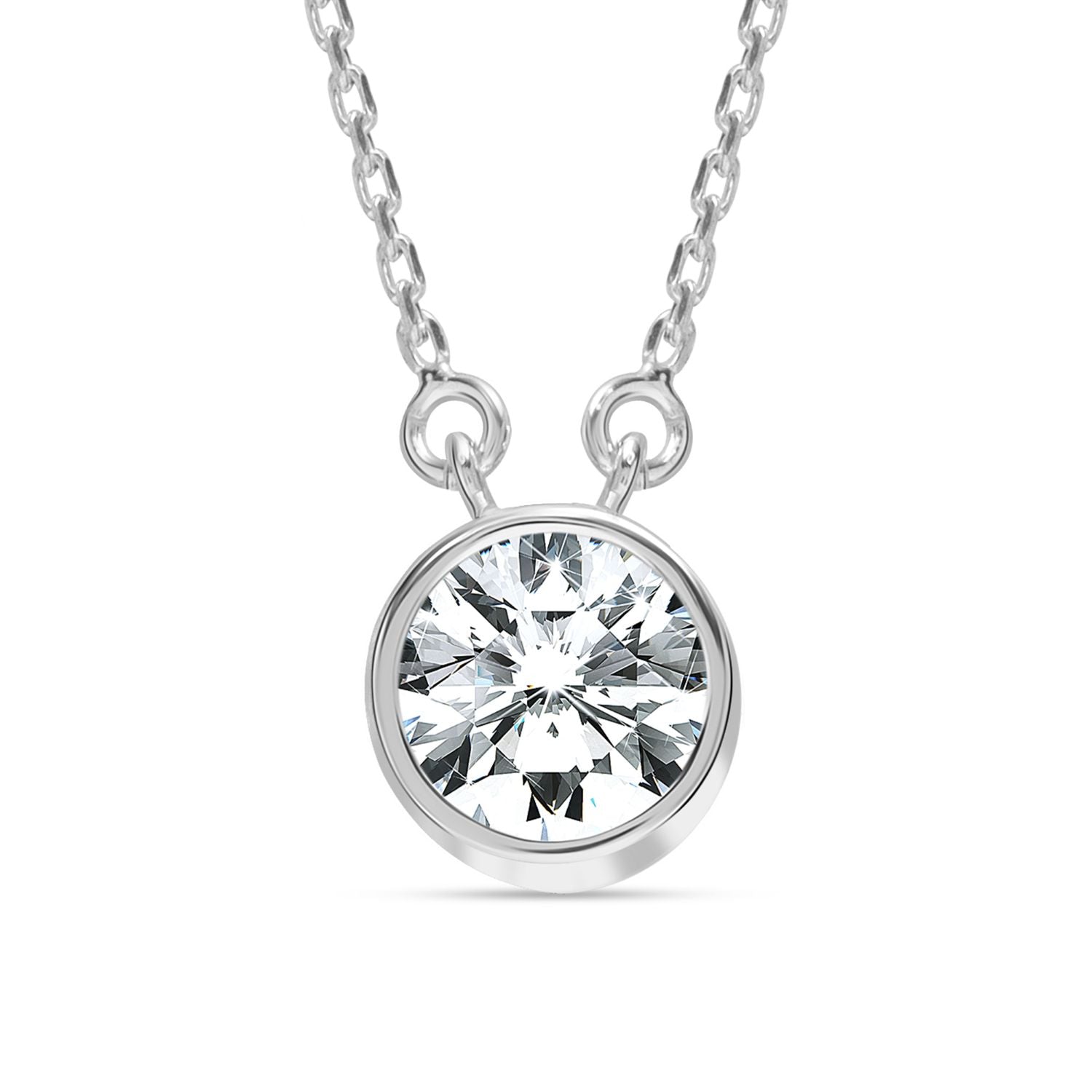 925 Sterling Silver Round Cubic Zirconia Bezel Set Crystal Adjustable Solitaire Cable Chain  Pendant Necklace for Women