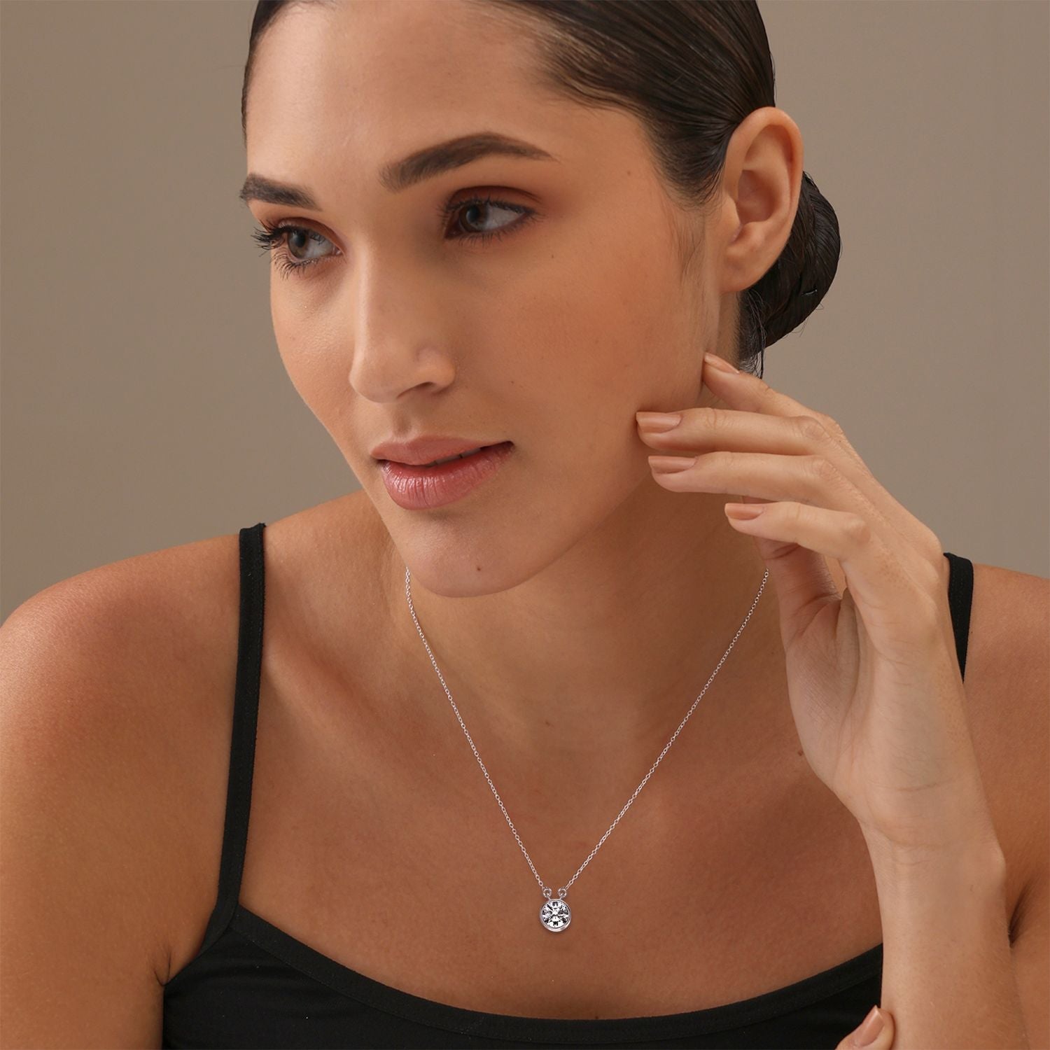 925 Sterling Silver Round Cubic Zirconia Bezel Set Crystal Adjustable Solitaire Cable Chain  Pendant Necklace for Women