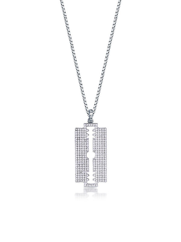 Rhodium CZ Razor Blade Pendant Necklace for Men