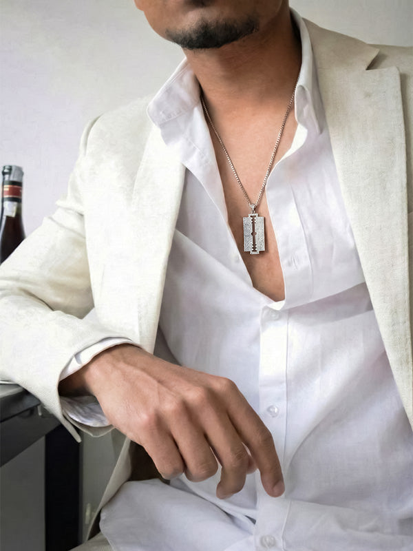 Rhodium CZ Razor Blade Pendant Necklace for Men