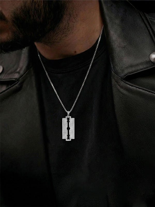 Rhodium CZ Razor Blade Pendant Necklace for Men