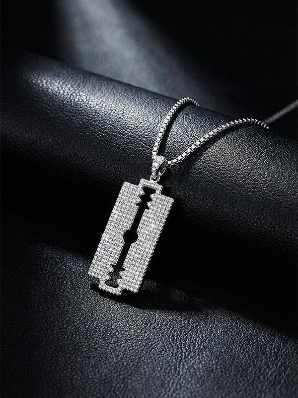 Rhodium CZ Razor Blade Pendant Necklace for Men