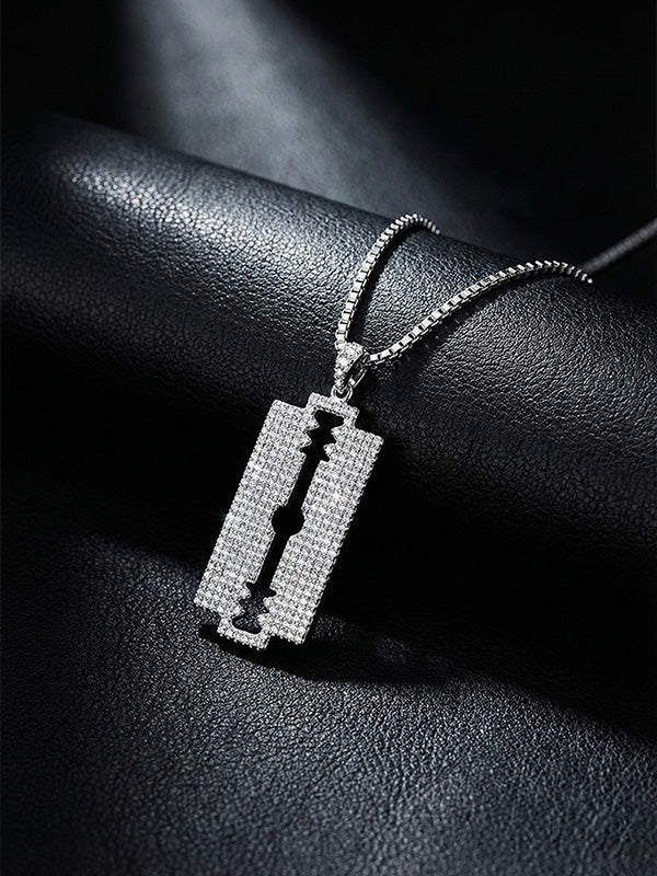 Rhodium CZ Razor Blade Pendant Necklace for Men