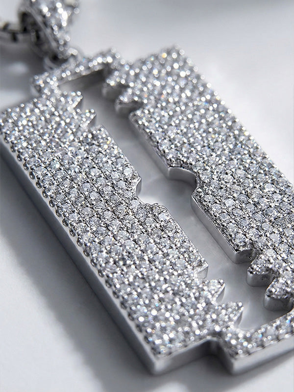 Rhodium CZ Razor Blade Pendant Necklace for Men