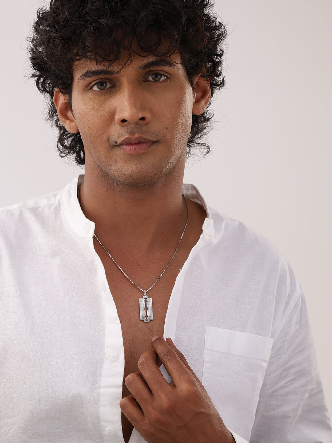 Rhodium CZ Razor Blade Pendant Necklace for Men