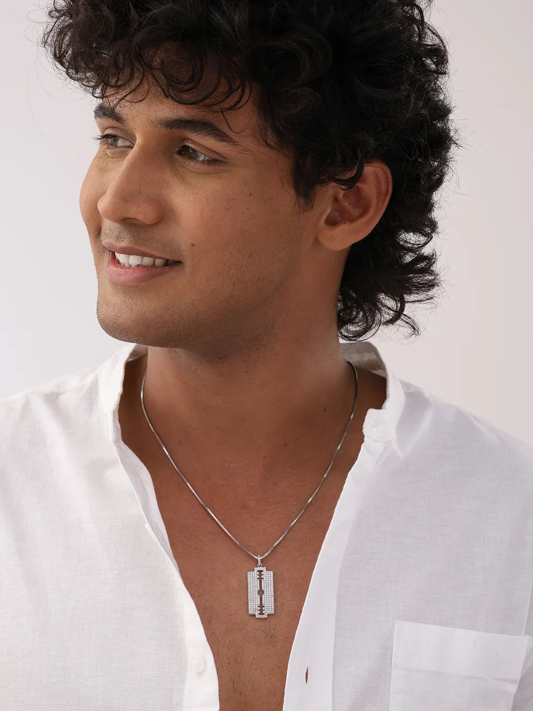 Rhodium CZ Razor Blade Pendant Necklace for Men