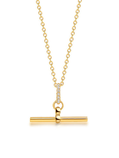 Gold CZ T-Bar Curb Pendant Necklace