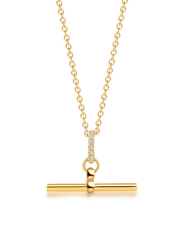 Gold CZ T-Bar Curb Pendant Necklace