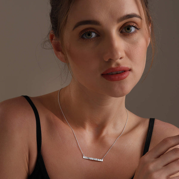 925 Sterling Silver Cubic Zirconia Crystal Bar Hammered Dotted Line Pendant Necklace for Women