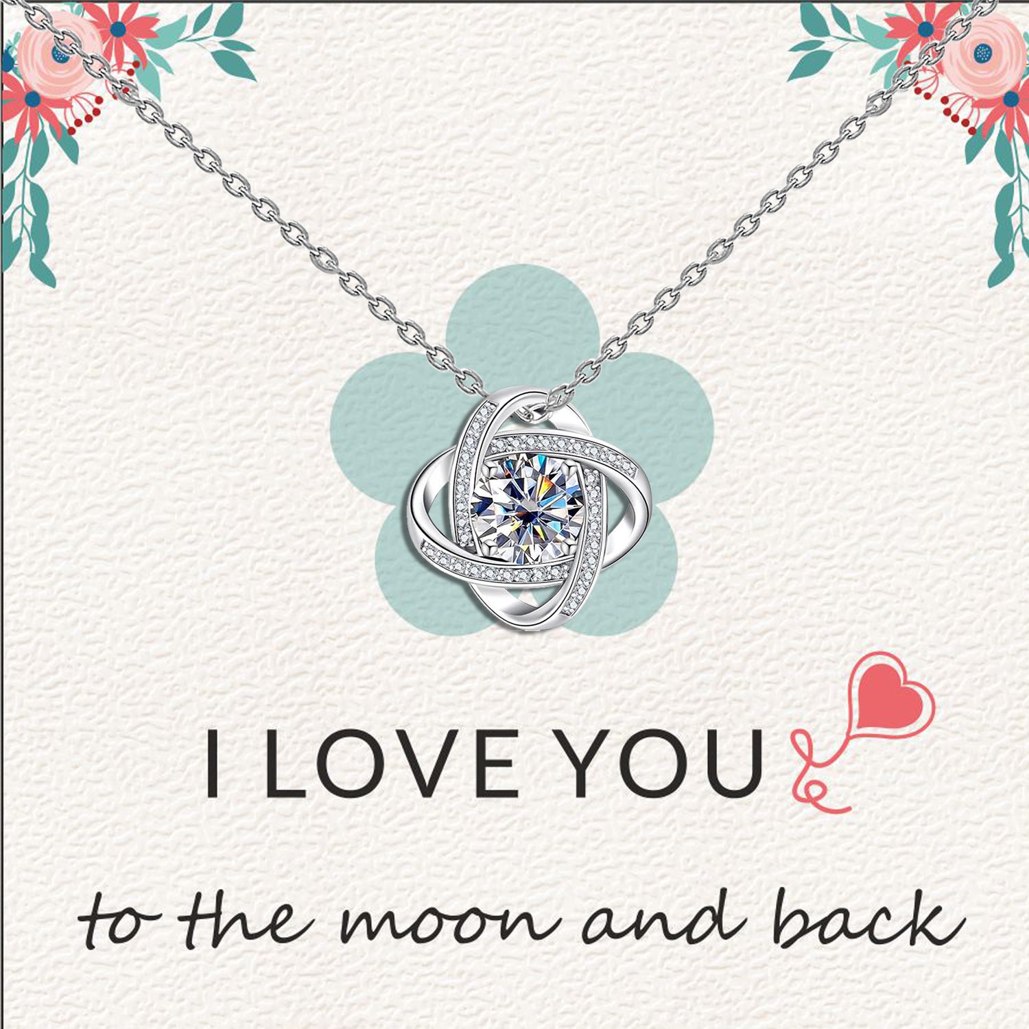 925 Sterling Silver Adjustable Sparkling CZ Love-Knot Pendant Necklace With Gift Card for Women