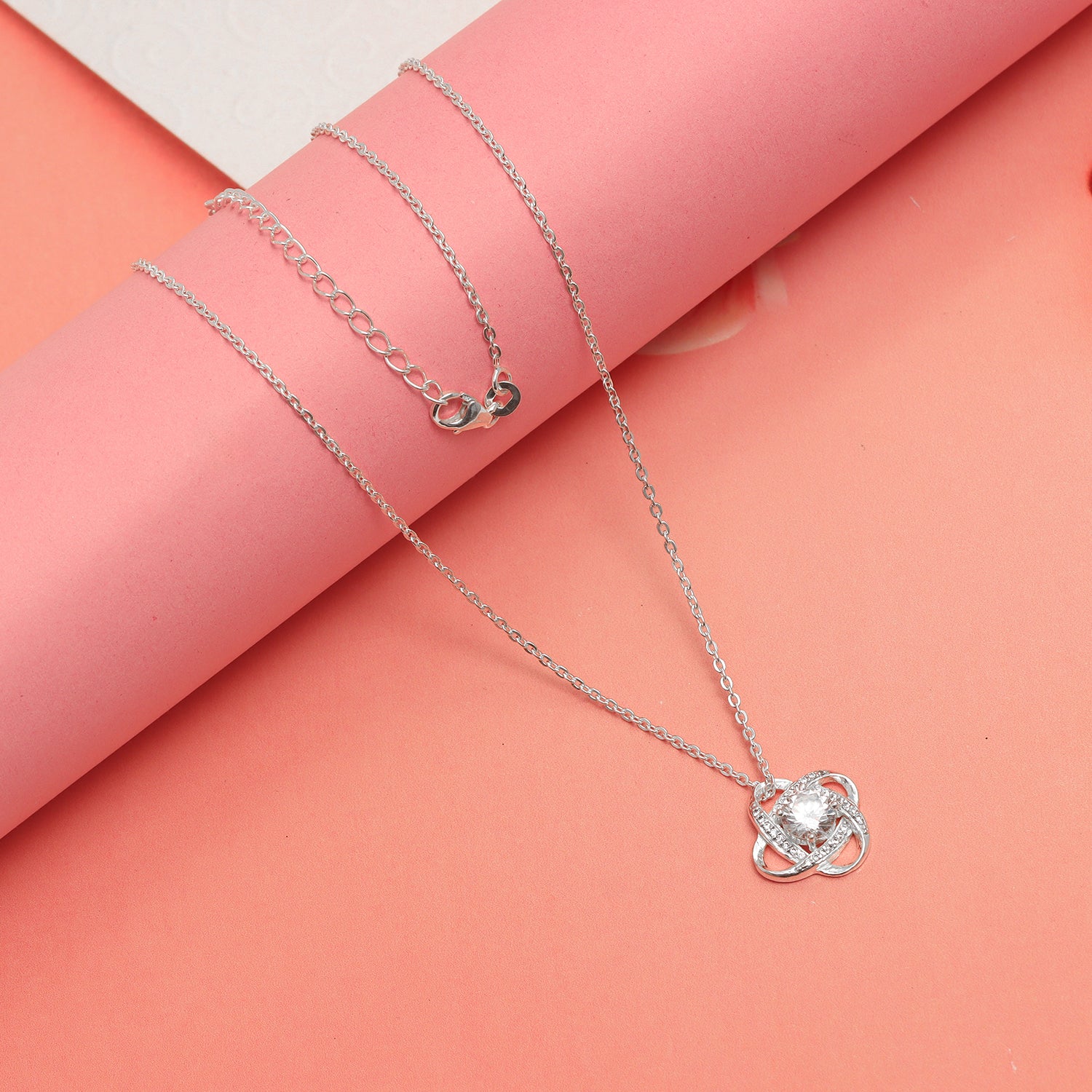 925 Sterling Silver Adjustable Sparkling CZ Love-Knot Pendant Necklace With Gift Card for Women