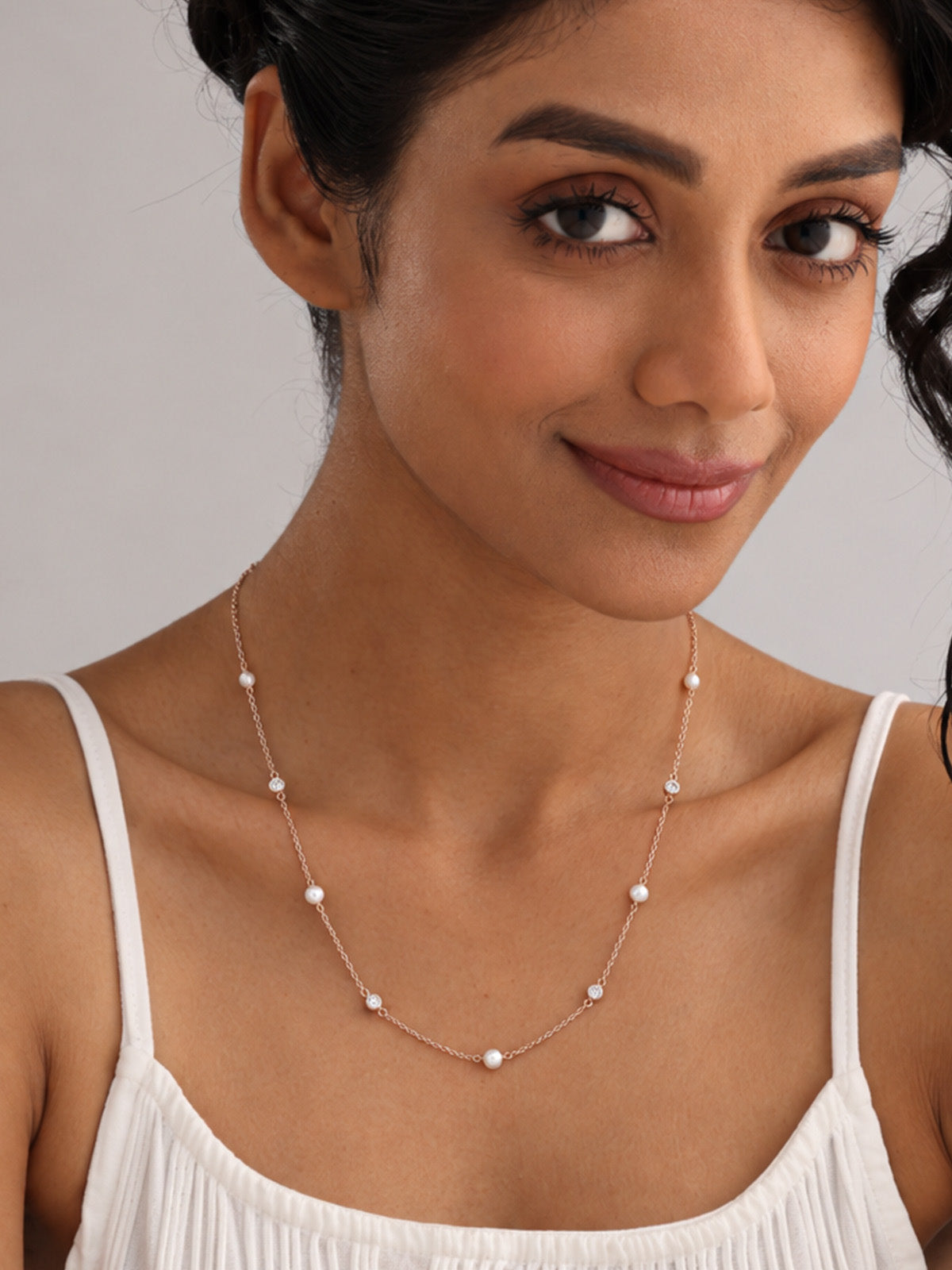 Pearl & CZ Station Necklace