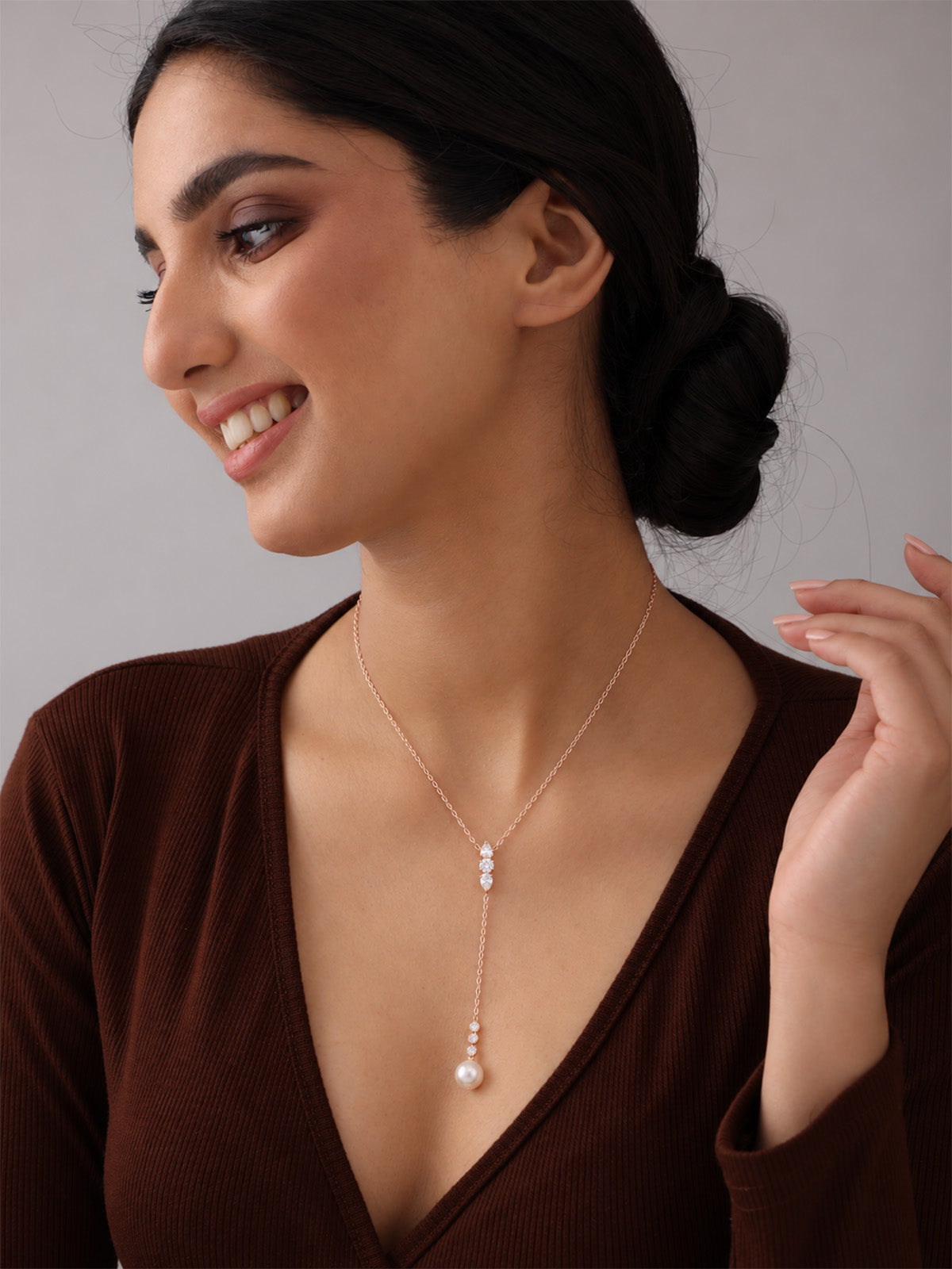 Cubic Zirconia & Pearl Drop Rose Gold-Plated Y-Necklace