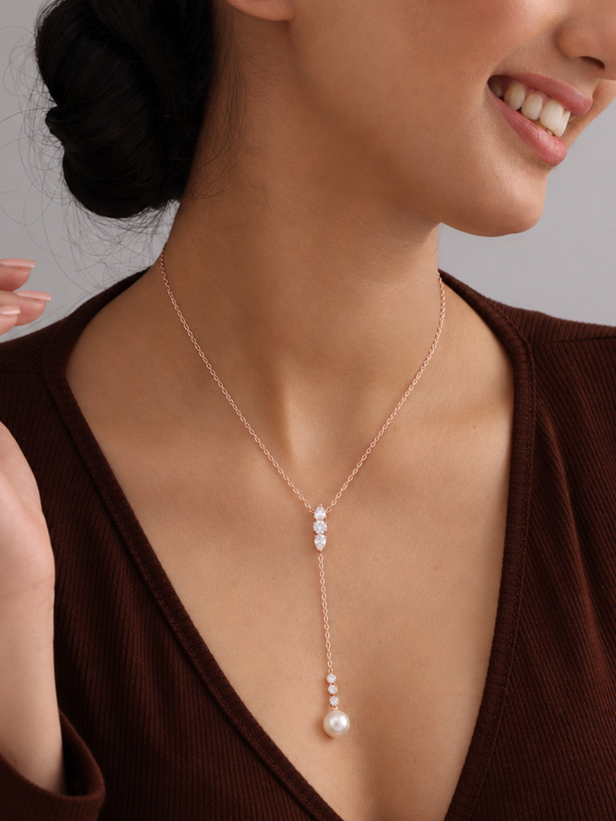 Cubic Zirconia & Pearl Drop Rose Gold-Plated Y-Necklace