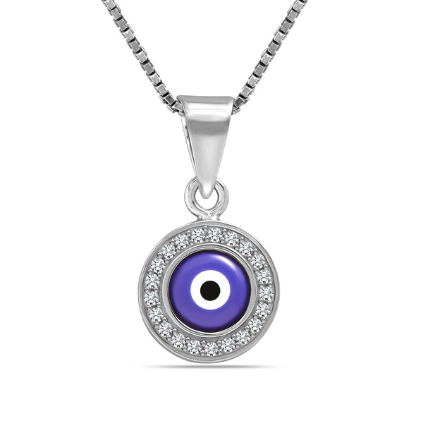 925 Sterling Silver Rhodium Plated CZ Round Evil Eye Pendant Box Chain Necklace for Women Teen