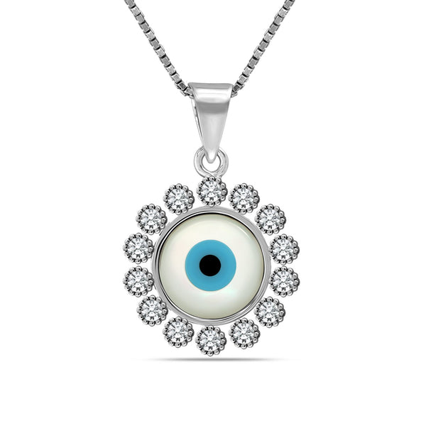925 Sterling Silver CZ Round Turkish Evil Eye Pendant Box Chain Necklace for Women Teen