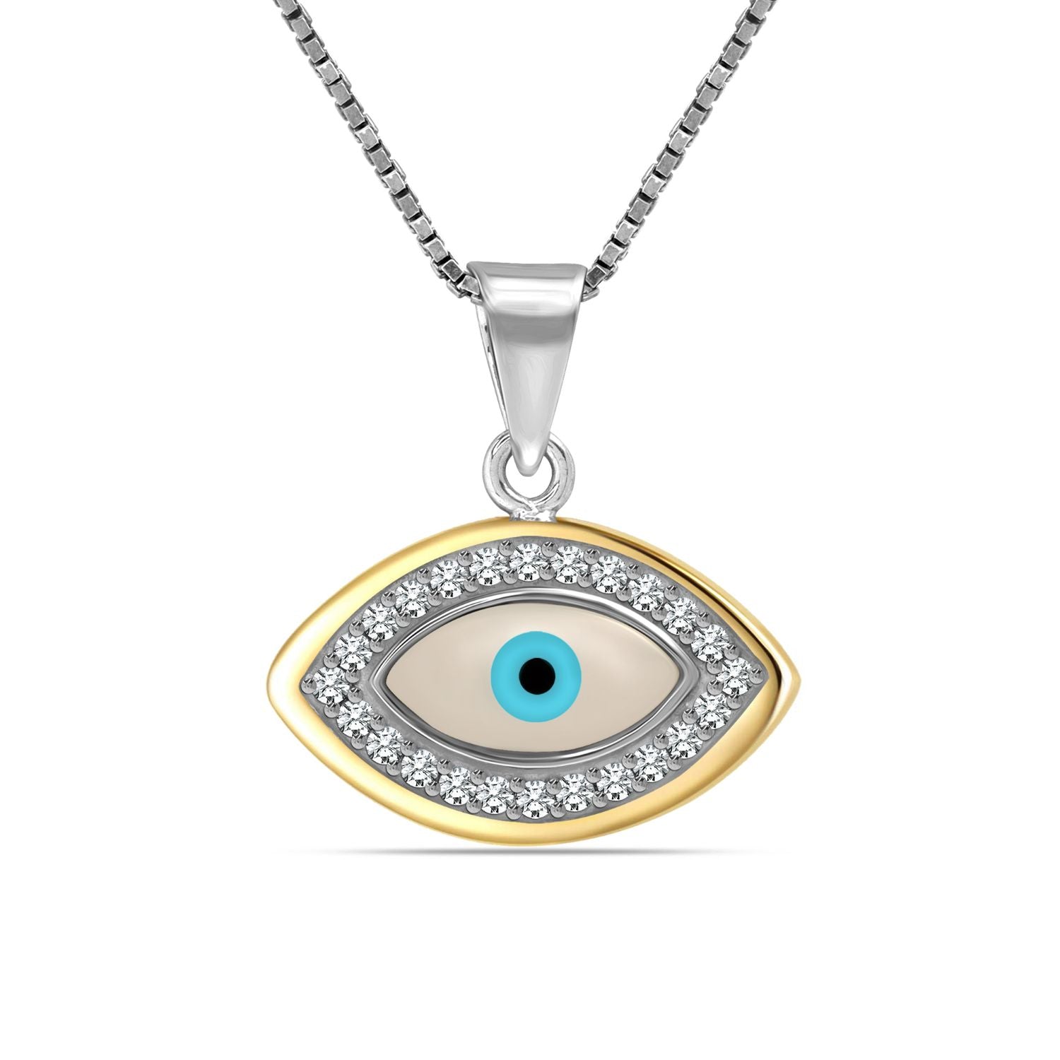 925 Sterling Silver Mother of Pearl CZ Evil Eye Pendant Box Chain Necklace Trendy Jewellery for Women Teen