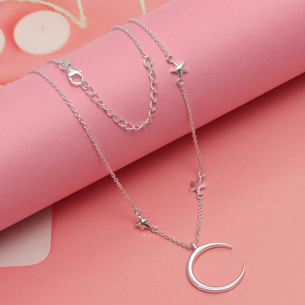 925 Sterling Silver Crescent Moon and Star Pendant Necklace for Women