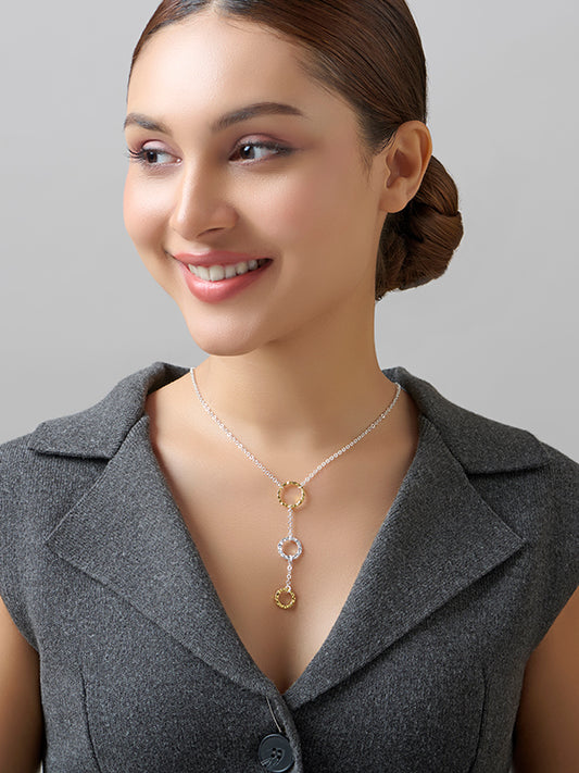 Aria Textured Circular Dual Tone Lariat Necklace for Women