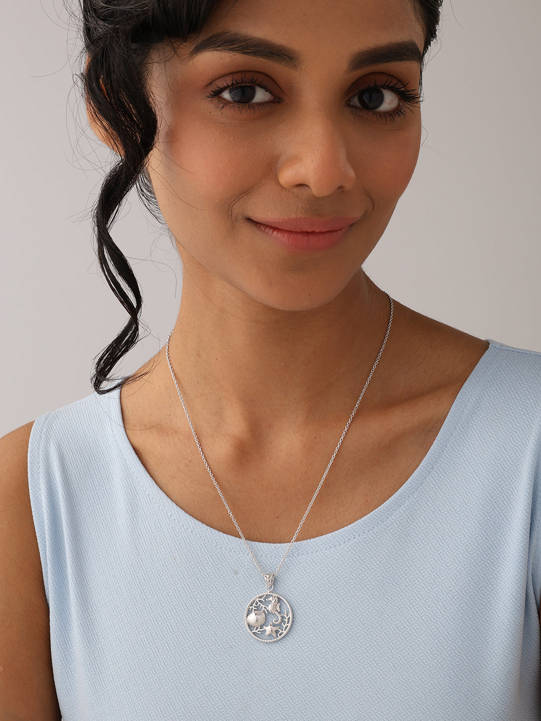Rhodium Plated Ocean Pendant Necklace